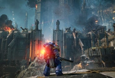 A Space Marine looking out over a battlefield in Warhammer 40k: Space Marine 2