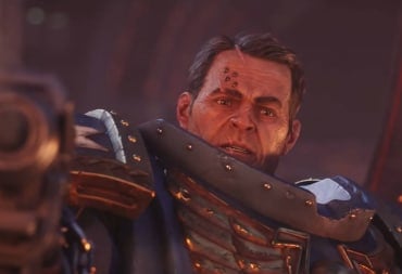 Titus looking down at the camera with his gun pointed at it in Warhammer 40k: Space Marine 2